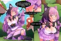 drawing comic color cat_ears story pink_hair shrunken_man entrapment cat_girl outdoors cheshire_cat monster_girl monster_girl_encyclopedia nauartn