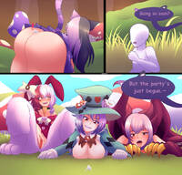 drawing comic color story shrunken_man cat_girl outdoors rabbit_girl cheshire_cat monster_girl rabbit_ears monster_girl_encyclopedia nauartn