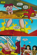 giantess city comic black_hair bridge cleavage giganta asian red_hair ponytail dress boots running falling costume wonder_woman necklace earrings belt bracelet dialogue tiara linda_park justice_league tripping flash dc_comics bare_legs the_flash