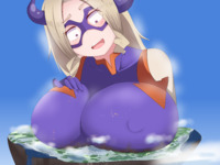 breasts drawing nipples giantess giga horns city blonde color long_hair ocean huge_breasts breast_crush purple_eyes embarrassed gloves unknown_artist explosion mountains mask clouds costume my_hero_academia mt._lady