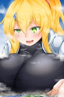 breasts drawing giantess giga blonde color clothed green_eyes huge_breasts breast_crush looking_down river kikurage