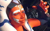 horns alien armor blue_eyes gloves star_wars shrunken_man shrunken_person tattoo headband hallway helmet looking_at_tiny digital_render orange_skin togruta ahsoka_tano clone_troopers jedi the_force allthesizepuns lekku