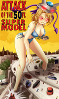 breasts drawing giantess city mega alien blonde color large_breasts swimsuit handheld cleavage buildings red_eyes parody highway vehicles straddling running_away squid bending_forward riho_futaba attack_of_the_50_foot_woman thedaibijin bare_legs demolition_girl bare_midriff