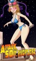 breasts drawing giantess city mega alien blonde color large_breasts swimsuit handheld cleavage red_eyes sandals parody night squid riho_futaba attack_of_the_50_foot_woman thedaibijin bare_legs demolition_girl bare_midriff