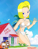 bikini breasts drawing giantess blonde color blue_eyes beach cleavage bra ocean buildings dbz kneeling android_18 dragon_ball sunglasses palm_trees master_roshi bare_legs krillin bare_midriff