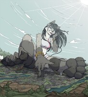 breasts drawing giantess furry city mega black_hair color destruction blue_eyes claws barefoot skirt paws sitting headphones earrings top yellow07 bracelet dog_girl dog_ears bare_midriff black_skin foot_prints