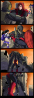 breasts drawing giantess city mega comic black_hair color large_breasts long_hair butt armor destruction blue_eyes crossover cleavage buildings angry brown_eyes gloves red_hair boots muscles fighting giantesses bodysuit mask costume superman cape giant_girl belt leotard behind_view thick_thighs dc_comics mary_jane bare_legs spider-man marvel_comics ci0 fusion
