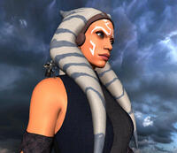 Mega lekku breasts giantess horns mega alien armor blue_eyes star_wars tattoo cape on_shoulder digital_render orange_skin togruta ahsoka_tano mandalorian jedi the_mandalorian revan67 din_djarin grogu