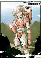 breasts drawing giantess mega alien blonde color armor robot blue_eyes gloves boots mountains thighs hands_on_hips fog on_shoulder looking_at_tiny transformers arcee darulz galadria visionaries
