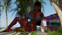 breasts giantess mega black_hair long_hair swimsuit beach barefoot cleavage ocean brown_eyes shadow sand dark_skin thighs palm_trees bar earrings native bracelet chel digital_render surfboard bare_legs dreamworks the_road_to_el_dorado bare_midriff ilikebigmikus