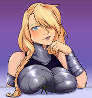 breasts drawing giantess mega blonde color large_breasts long_hair blue_eyes venom shrunken_man lifting braid bracelet no_background valkyrie looking_at_tiny symbiote spider-man hair_covering_eyes marvel_comics lifting_breast symbiobro