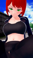 breasts giantess micro size_difference bra green_eyes climbing camel_toe red_hair shrunken_man pants outdoors jacket top wall looking_at_tiny digital_render sport bare_midriff matt_1mm