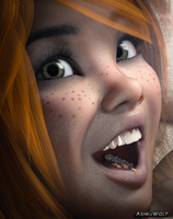 giantess vore mega blonde mouth green_eyes smiling elf shrunken_men cute voluptuous freckles digital_render opal ashkiiwolf