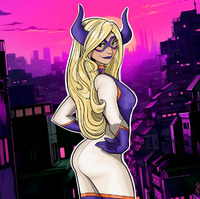 breasts drawing giantess horns city blonde color long_hair butt buildings gloves mask costume looking_at_viewer hands_on_hips superheroine my_hero_academia purple_lips mt._lady rod_allen