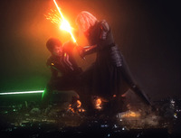 giantess white_hair collage city mega black_hair armor destruction rampage skirt gloves asian boots fire star_wars fighting giantesses smoke night belt lightsaber analternateusername mandalorian sabine_wren shin_hati