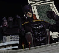 breasts giantess city mega blue_eyes handheld red_hair harley_quinn reaching mask batgirl night fist costume poison_ivy belt running_away catwoman green_skin digital_render dc_comics bare_legs roodedude bare_midriff