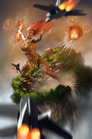 breasts drawing giantess city mega color long_hair barefoot bra military giganta red_hair muscles airplane explosion fighting painting mountains bracelet leopard_print dc_comics loincloth bare_legs bare_midriff matthewhyntley