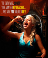breasts giantess white_hair vore mouth cleavage playful dress queen shrunken_man open_mouth necklace throne dialogue game_of_thrones daenerys_targaryen ai_art
