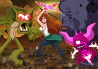 breasts drawing giantess horns mega color long_hair destruction claws monsters purple_hair boots portal fighting freckles disney shirt cape ripped_clothing orange_hair purple_skin axe debris glowing_eyes lamppost apocalypse green_skin pointed_ears gravity_falls grey_skin cyclops wendy_corduroy ameliaafterdark zanthar 8-ball pyronica