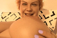 breasts nipples micro nude blonde smiling pillow shrunken_people earrings unkown_artist purple_nails digital_render on_breasts looking_at_tinies