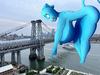 breasts giantess collage furry tail cat mega large_breasts butt bridge water angry cat_ears blue_skin fangs cat_girl vehicles thighs ships pointing wading the_amazing_world_of_gumball nicole_watterson cartoon_network