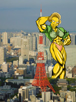 breasts giantess collage panties city mega bra buildings brunette muscles simpsons tokyo jacket tokyo_tower earrings bare_legs yellow_skin bare_midriff edna_krabappel