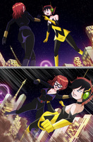 breasts drawing giantess city mega comic color butt blue_eyes cleavage green_eyes brunette gloves red_hair boots fighting giantesses falling mask avengers punch night fist costume las_vegas belt jumpsuit bracelet black_widow thedaibijin janet_van_dyne marvel_comics the_wasp avengers_earths_mightiest_heroes black_behemoth