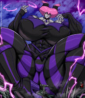 breasts drawing giantess mega color high_heels huge_breasts pink_hair teen_titans boots sitting muscles pink_eyes magic night thighs choker costume striped_socks thick_thighs dc_comics grey_skin titan_tower osmar-shotgun jinx_(teen_titans) jinx