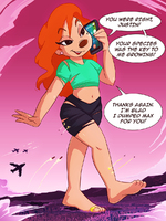 drawing giantess furry giga city color destruction barefoot military red_hair phone shorts airplane thighs roxanne missiles toe_ring disney earrings ripped_clothing dialogue dog_girl angelgts bare_legs bare_midriff foot_prints goof_troop