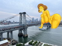 breasts nipples giantess collage nude city mega butt bridge water buildings wet brunette simpsons the_simpsons ships earrings bending_down wading thick_thighs yellow_skin edna_krapabel