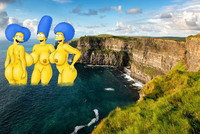 breasts giantess collage nude pussy mega butt ocean blue_hair marge_simpson simpsons giantesses outdoors the_simpsons hands_on_hips cliff wading yellow_skin selma patty