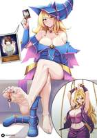 breasts drawing blonde color barefoot cleavage skirt green_eyes brunette boots bondage collar corset jacket chains belt dark_magician_girl wizard wizard_hat blue_nails mai_valentine cutaway yu-gi-oh! bare_midriff tea_gardner card lewimmy
