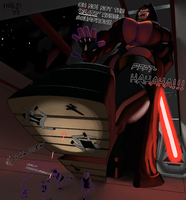 lekku breasts drawing horns alien color large_breasts robot cleavage shrinking multiple_sizes gloves boots foot_crush star_wars collar cruel tattoo closed_eyes belt dialogue hood imminent_crush helmet blaster lightsaber sith orange_skin cloak togruta rebels ahsoka_tano the_force thekid_art