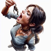 breasts giantess vore cleavage brunette ponytail boots open_mouth dangle closed_eyes necklace lara_croft backpack imminent_vore tomb_raider no_background shruken_woman ai_art