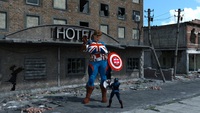 breasts giantess city destruction brunette gloves mini_giantess boots ruins power_lines belt shield captain_america looking_at_tiny digital_render bricks big-elsa marvel_comics peggy_carter captain_carter