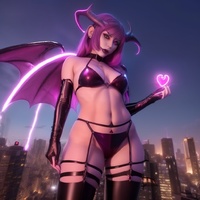 horns city purple_hair gloves belly standing latex night thigh_highs bat_wings glowing ai_art lordgts
