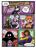 breasts drawing giantess comic black_hair color large_breasts robot cleavage green_hair mini_giantess mask dark_skin sweater costume dialogue hood red_skin squirrel_girl gwen_stacy ms_marvel spider-man marvel_comics turtle_neck spider-gwen kamala_khan contest fujiweeb viv_vision nuts