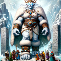 breasts drawing giantess white_hair armor blue_eyes sword barefoot goddess red_hair muscles crown queen mountains snow jewelry staff cape necklace earrings belt bracelet hood white_skin pointed_ears frost_giantess bare_legs ai_art poisonpen