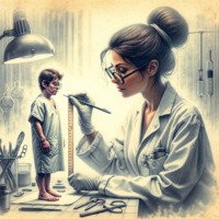 drawing black_hair barefoot glasses brunette gloves shrunken_men pen ruler doctor lamp scissor hair_bun labcoat ai_art poisonpen