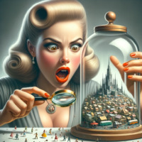 breasts drawing blonde cleavage castle brown_eyes town magnifying_glass shrunken_city red_lipstick encased ai_art cloche_glass_dome tiny_townspeople poisonpen