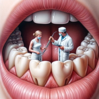breasts blonde tongue mouth teeth shrunken_people mask inside_mouth hair_bun dentist ai_art poisonpen