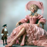 breasts giantess blonde blue_eyes cleavage high_heels dress boots sitting pink_nails chair hat jacket necklace ai_art poisonpen