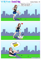 breasts drawing giantess city comic color barefoot cleavage purple_hair brunette foot_crush shorts funny shrunken_woman vehicles fist closed_eyes dialogue lego bare_legs bare_midriff daichi777 virtue_and_desire