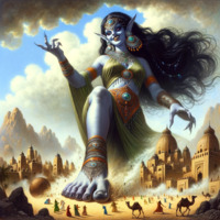 breasts city black_hair barefoot skirt camel desert blue_skin mountains genie necklace earrings pointed_ears djinn bare_legs bare_midriff pointed_nails ai_art poisonpen