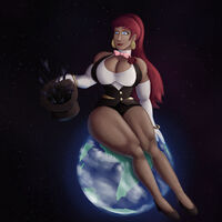breasts drawing giantess earth giga color large_breasts blue_eyes cleavage high_heels giganta gloves spaceship red_hair ponytail fishnets magic thighs earrings bracelet magician top_hat zatanna dc_comics cosmic_giantess sitting_on_planet bowtie svenyatta fusion yourmaskedditto