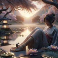 giantess black_hair barefoot water asian kimono dress japan shrunken_man mountains lake sunset closed_eyes on_foot trees reclining hair_bun lotus ai_art