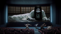 giantess mega black_hair blood dress crawling movie running_away white_skirt movie_theatre the_ring sadako ai_art poisonpen