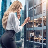 breasts giantess city mega blonde long_hair butt buildings office pants long_nails shirt office_lady looking_in ai_art lordgts