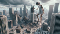 breasts giantess city mega destruction barefoot buildings brunette dress vehicles nightie hair_bun ai_art lordgts