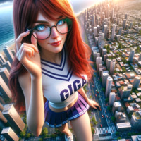 breasts giantess city mega long_hair blue_eyes beach skirt ocean buildings glasses shoes street red_hair cheerleader vehicles cheerleader_outfit top glowing_eyes purple_nails bare_legs bare_midriff ai_art lordgts